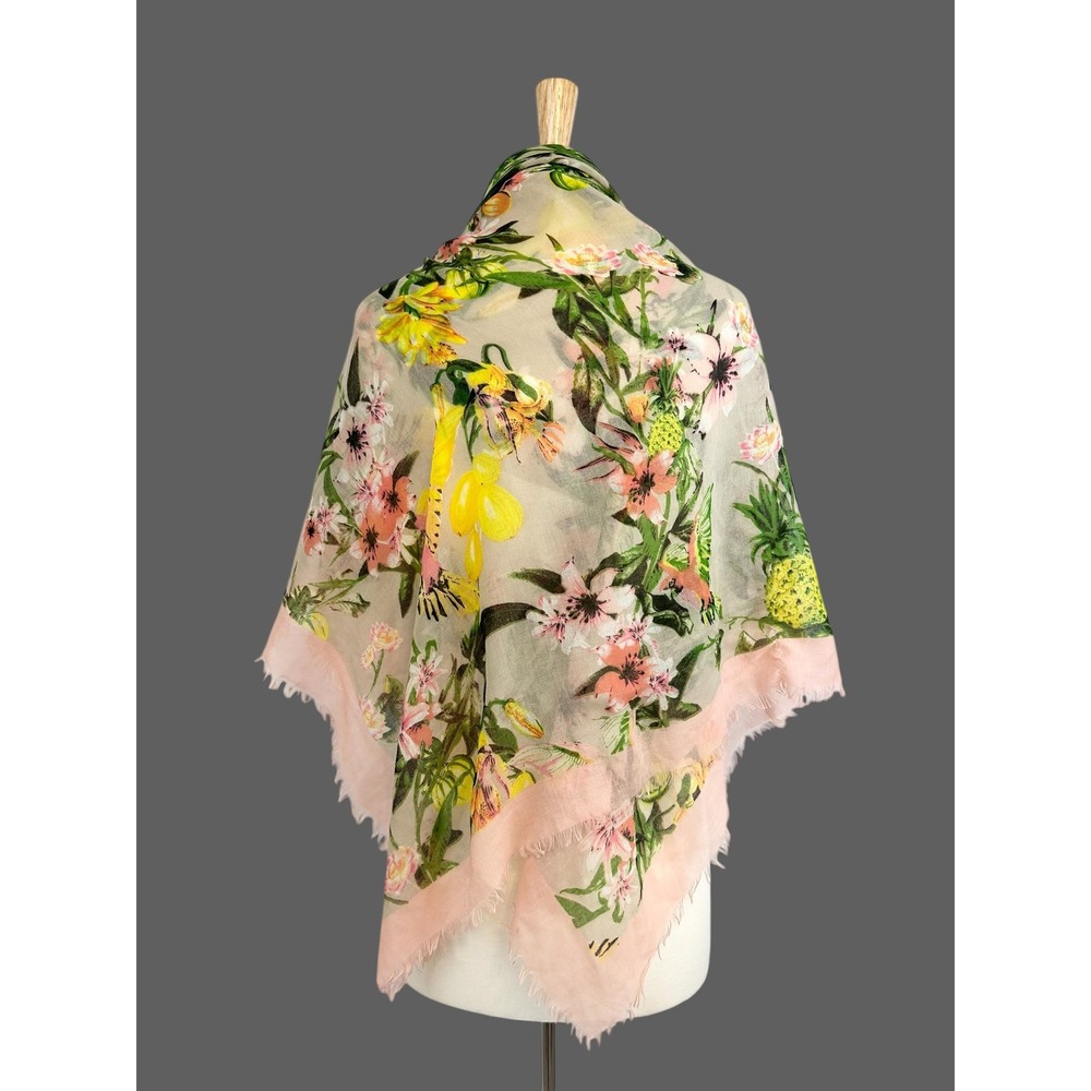 Tropical Floral Pineapple Print Semi Sheer Square Scarf Eyelash Fringe 50x50 - Picture 4 of 7